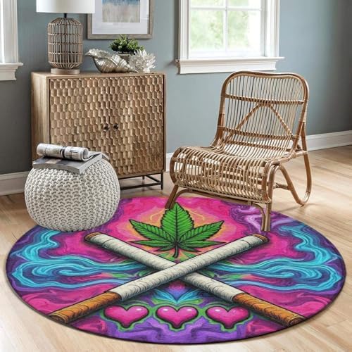 Machine Washable Modern Round Area Rug, Room Sofa Yoga Soft Round Carpet, Home Decor Non Slip Kitchen Office Circle Rug Trippy Love Weed Art, 36inch