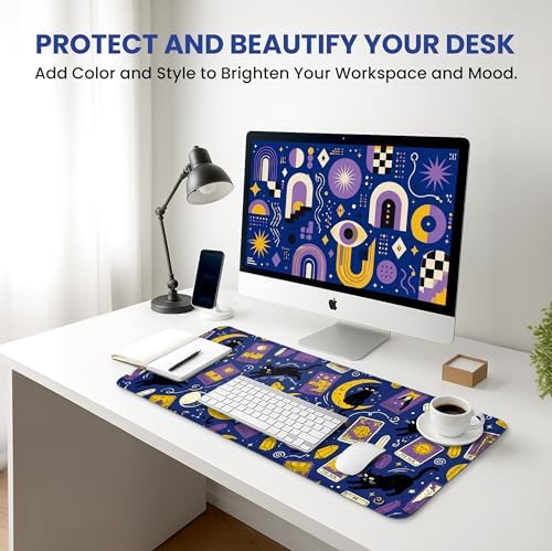 Aesthetic Desk Mat, Cute Mystic Cat Desk Pad Protector for Work & Decor, 31.5" x 11.8", Pretty Non-Slip Extended Mouse Pad for Office or Home