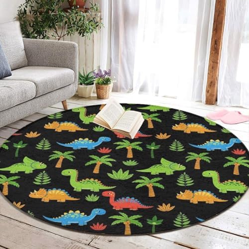 Fashion Round Area Rug Large Non Slip Carpet Unisex Home Decor Mat Cute Colorful Cartoon Dinosaurs Black, 36inch