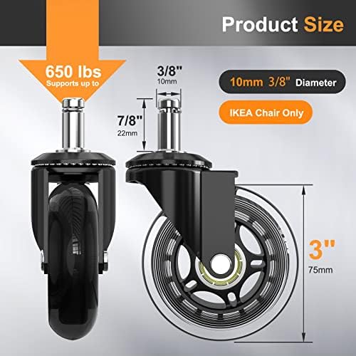 Soontrans Office Chair Wheels 10mm Stem, Compatible with IKEA Chairs ONLY, 3/8" Replacement Rubber Chair Casters, Set of 5, Desk Chair Caster Wheels Protection for Hardwood Floors Carpet