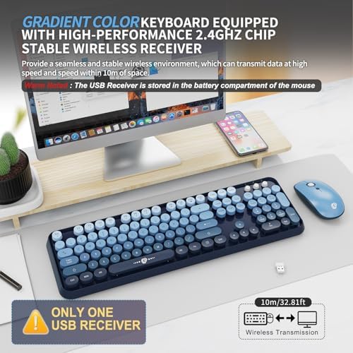Blue Wireless Keyboard and Mouse Combo,Retro Typewriter Style Bubble Keys