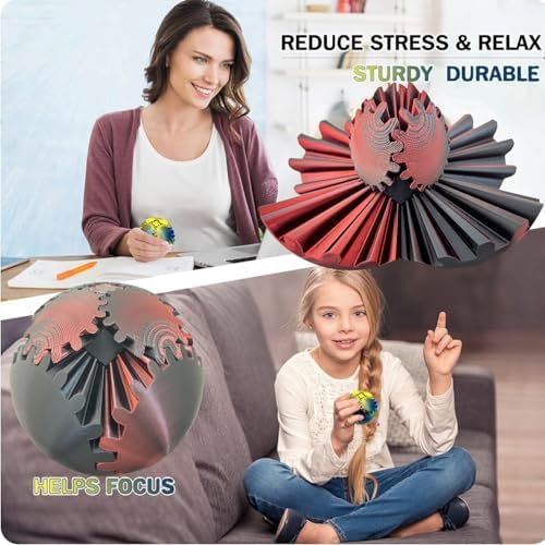 Gear Ball 3D Printed Spin Ball Cube Fidget Toys, Gear Sphere Fidget Toy, GearSphere Desk Toy Stress Fidget Balls, Fidgets Spinners for Adults & Kids Anxiety Relaxing (Laser Dark Red, 2.3 Inch)