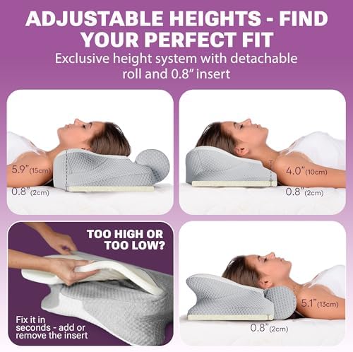 3-in-1 Orthopedic Pillow, Cervical Neck Pillow for Sleeping, Adjustable Height Memory Foam Neck Pillow and Detachable Roll, Contour Pillow for Neck Pain Relief for All Sleeping Positions (White)