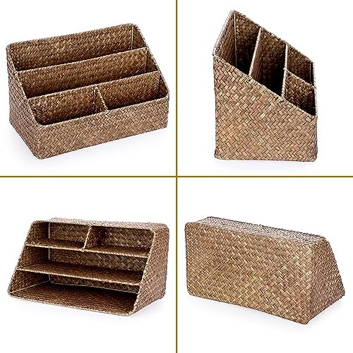 BTSKY Woven Storage Basket, Seagrass Desk Organizer with 4 Compartments