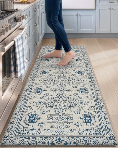 DEXI Kitchen Floor Mats Cushioned Anti Fatigue Runner Rug Blue and White