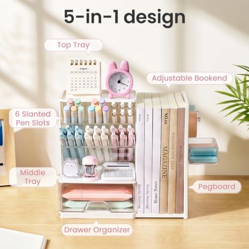 Sooez Desk Organizer with Bookends, Pegboard & Drawer, Pen & Pencil Holder
