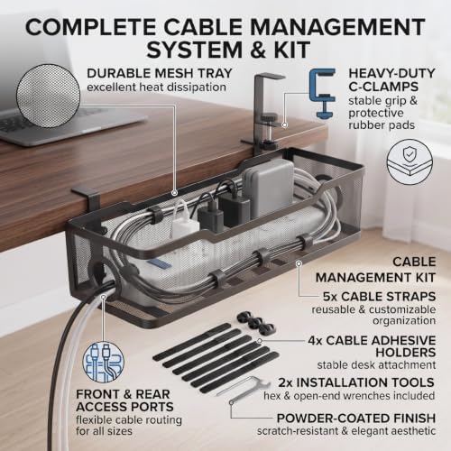 Under Desk Cable Management Tray, No Drill Cable Organizer for Desk, Metal Wire Management Basket with Clamp Mount, Cord Organizer Holder for Standing Desk, Home Office and Gaming Setup