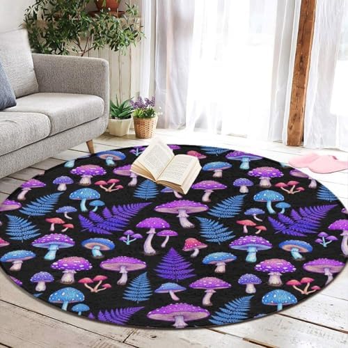 Fashion Round Area Rug Large Non Slip Carpet, Trippy Purple Blue Mushrooms Unisex Home Decor Mat, 24inch