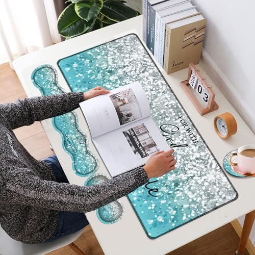 4 in 1 Mouse Pad Combo, Large Gaming Mouse Pad + Keyboard Wrist Support + Mouse Wrist Rest + Coaster, Table Pad 31.5 "x 11.8" with Memory Foam Ergonomic Wrist Pad Set, Blue Flash Bible Pattern