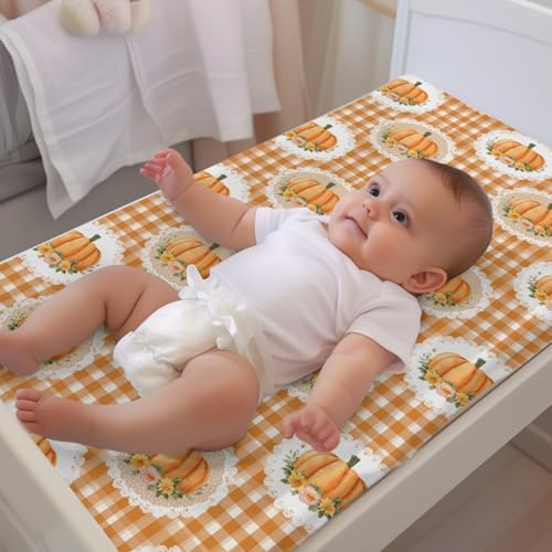 Watercolor Fall Pumpkin Flowers Floral Checkered Autumn Pattern Baby Changing Pad Cover,Unisex Pumpkin Nursery Diaper Changing Table Pad Mat Sheet for Boys Girls-16x32