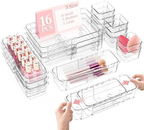 DILIBRA 16 Pcs Clear Extendable Drawer Organizer, Adjustable Drawer Storage
