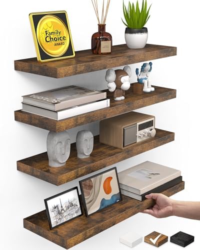 BAYKA Rustic Brown Floating Shelves 15.7in, Set of 4, Wall Mount Wood Shelf