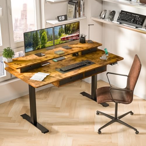 Kingant Electric Standing Desk with 4 Drawers, Height Adjustable 63"x 30"