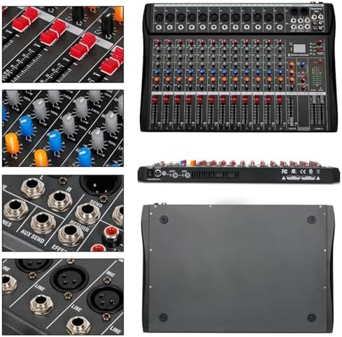 Depusheng Audio Mixer Professional 12 channel,DX12 Sound Board DJ Mixing Console System Interface USB MP3 Input Bluetooth 48V Phantom Power,Black, USB Audio Mixer for PC,for Studio Karaoke Live Music