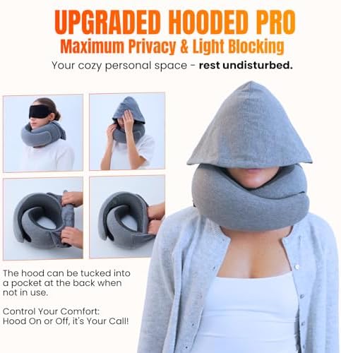 LOEXAIR™ Hooded Pro Travel Pillow - Memory Foam Neck Support Pillow for Airplane, Flight - Super-Soft Pure Cotton Fabric, Maximum Privacy & Light-Block Design, Lightweight Full Travel Kit - Light Grey