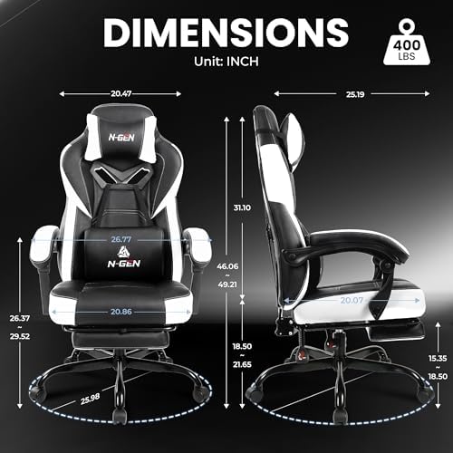 Gaming Chairs with Footrest, Big and Tall Gamer Chair with Headrest and Lumbar Support for Adults, White