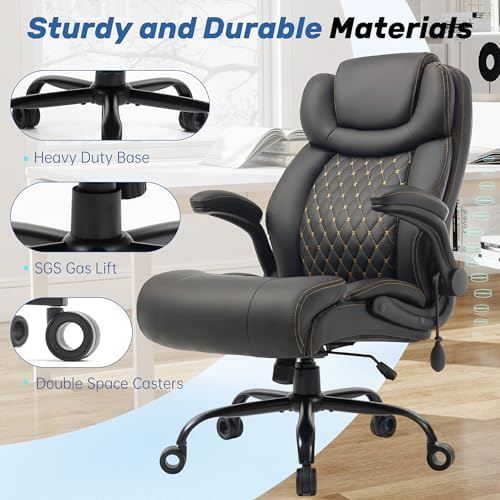 500LBS Big and Tall Executive Office Chair with Adjustable Lumbar Support,Extra Wide Seat for Ergonomic Computer Desk Chair Flip-up Arm,Home Office Chair Spring Cushion Upgraded Metal Base, PU Black