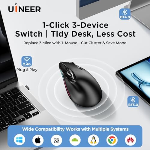 Uineer Vertical Ergonomic Mouse, Wireless Bluetooth Mouse, 3-Device