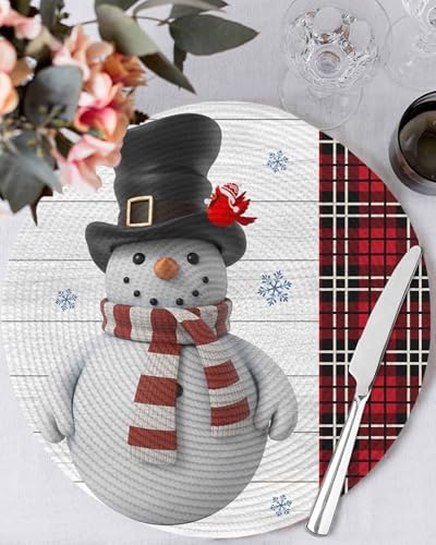 15inch Round Braided Placemats Set of 8, Washable Woven Dining Table Mats, Polypropylene Place Mats for Kitchen Table Home Decoration, Art Snowman Christmas