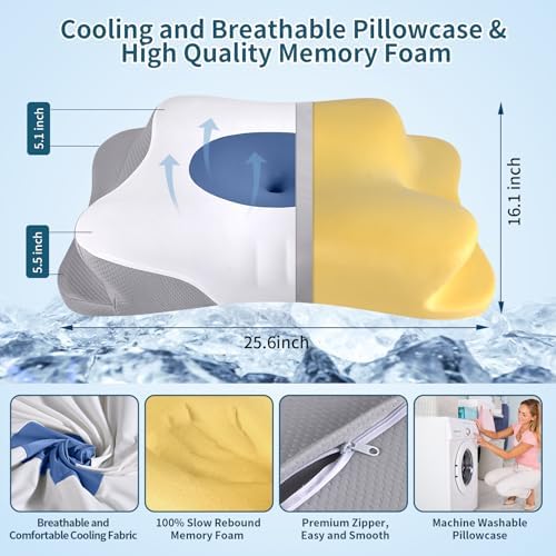 Cervical Pillow for Neck Pain Relief, Ergonomic Neck Pillow for Sleeping, Orthopedic Contour Side Sleeper Pillow for Neck Support, Memory Foam Pillows for Back Stomach Sleepers (Dark Blue&White)