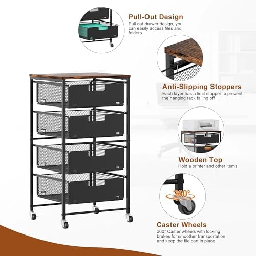 EasyPAG Rolling Storage Cart with 4 Drawers, Under Desk File Cabinet on Lockable Wheels, Moviable Hanging File Folder Organizer with Wooden Printer Stand for Home Office