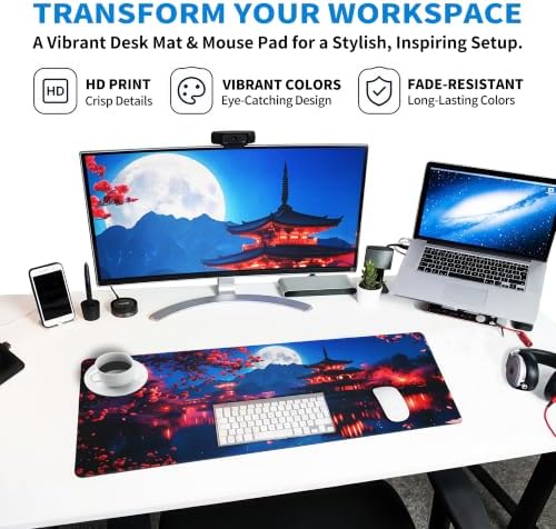 Extended Japanese Nightscape Desk Mat, XL Large Gaming Mouse Pad, Sakura Pagoda Moon Stitched Edges Waterproof with Non-Slip Rubber Base for Computer Keyboard Laptop Work Home Office 31.5"x11.8"