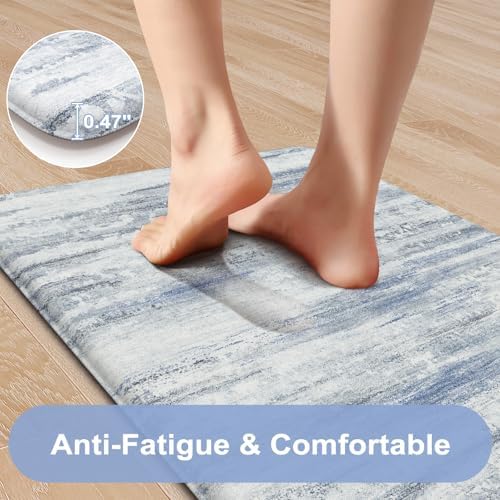 KIMODE Anti Fatigue Kitchen Mat, Boho Abstract Kitchen Rugs Sets of 2 Blue