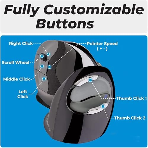 Evoluent – Inventor of The Vertical Mouse – VMDLW Ergonomic Vertical Mouse Right Hand Large USB Wireless, Sculpted for Comfort, Reduces Wrist Strain, 4 Speeds, 6 Customizable Buttons in Windows