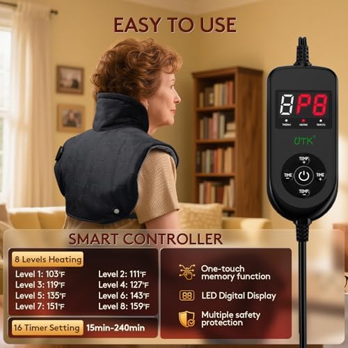 Far Infrared Heating Pad for Neck and Shoulders and Back - 6X Deeper Pain Relief, Graphene 30s Fast Heat, 8 Heat Setting, 16 Timer, Automatic Memory, Weighted Heating Pads Gift for Women&Men (Black)