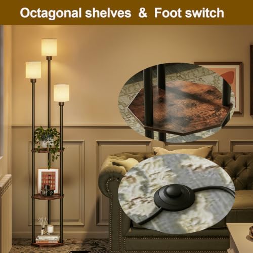 Floor Lamp with Shelves, 3-Light Standing Lamp with 3 Color Temperatures LED Bulbs, 3-Tier Shelf Vintage Floor Lamp with Table, Foot Switch Tall Lamp for Living Room, Bedroom, Study, Office