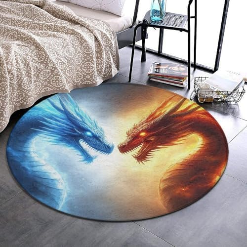 Fashion Round Area Rug Large Non Slip Carpet, Cool Blue Ice Fire Dragon Unisex Home Decor Mat