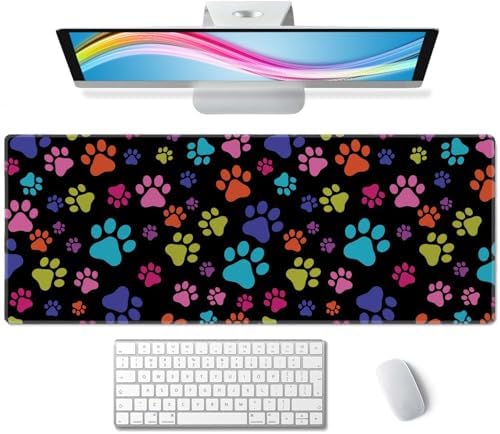 XL Gaming Desk Mat - Extended Big Cute Dog Paws Mouse Pad - Waterproof, Non-Slip Base, Stitched Edges - 31.5x11.8 in