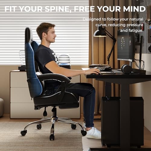 Ergonomic Gaming Chair with Footrest, Heavy Duty 330lbs Office Chair, Massage Lumbar Support, Adjustable Height & Headrest Pillow, Comfortable for Back Pain Relief, Streaming, Long Gaming, Black