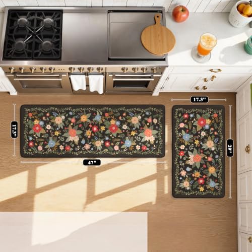 KIMODE Kitchen Mats Cushioned Anti Fatigue,Black Floral Kitchen Rugs Set