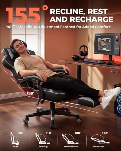 GTPLAYER Gaming Chair with Footrest, Big and Tall Computer Game Chair 350lb Racing Style, Ergonomic High Back Lumbar Support and Recliner, Moon Gray