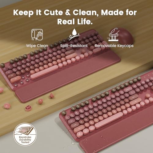 Wireless Keyboard and Mouse Combo, Magnetic Soft-Touch Wrist Rest, Pink