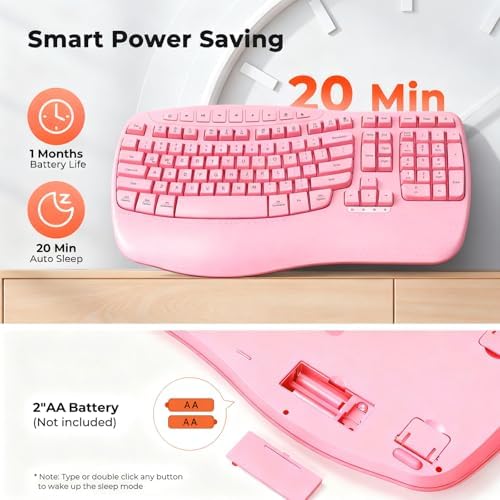 MEETION Wireless Ergonomic Keyboard with Wave Keys and Wrist Rest - Pink