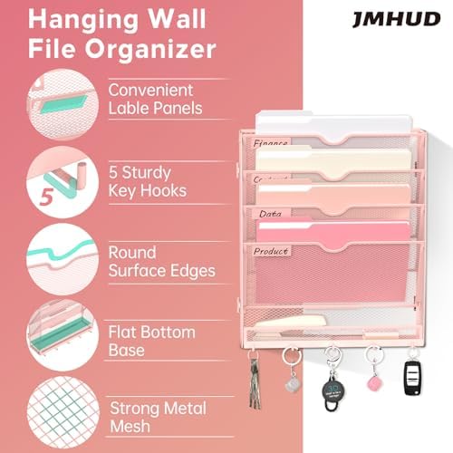 5-Tier Wall File Organizer and Mail Organizer with 5 Hooks, Pink