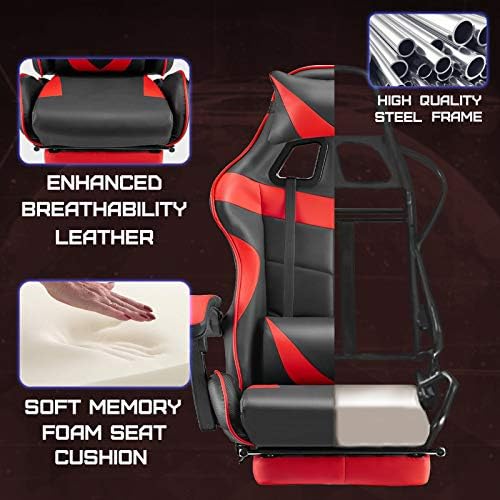 Huracan Gaming Chair with Footrest, Ergonomic Computer Chair Lumbar Support, Adjustable High Back Recliner for Adults, Racing Style Video Gaming Chairs, for Home Office Streaming, Red