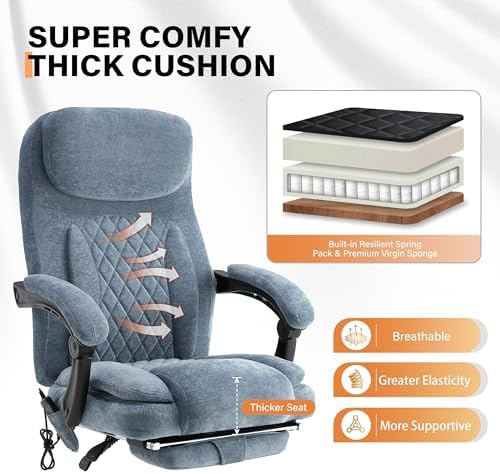 500LBS Massage Office Chair, Reclining 6 Points Vibration and Heat Desk Chair with Foot Rest, Ergonomic Executive Office Chairs, Comfy Wider & Thicker Seat, Big and Tall Gaming Chair, Fabric Blue