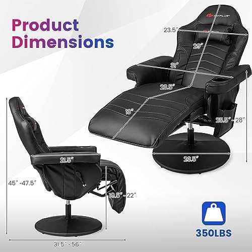 Goplus Gaming Chair, Height Adjustable Massage Video Game Chair with Retractable Footrest, Cup Holder, Headrest, Swivel Office Chair, Racing Style Swivel Gamer Chair (Black)
