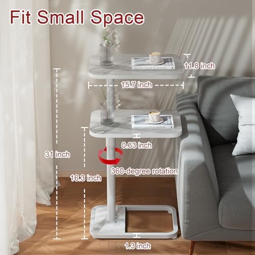 GOYLSER C Shaped Tv Trays Living Room End Table End Stand, White Marble Minimalist Wooden C Table for Sofa, Height Adjustable Tv Tray Tables Side Table for Dinner Eating