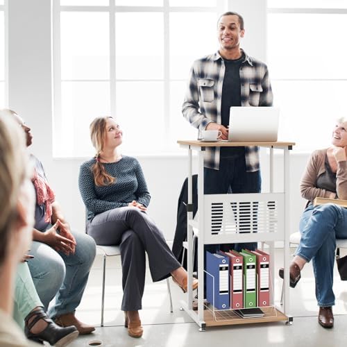 Tangkula Small Standing Desk, Height Adjustable Teacher Podium Stand, Compact Standing Table Lectern Podium, Laptop Desk with Footrest, Suitable for Sitting or Standing