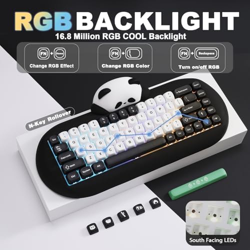 YUNZII C68 Panda Wireless Mechanical Gaming Keyboard, 68 Keys Cute Layout with PBT Keycaps,RGB Backlit, Hot Swappable,Creamy Switches,BT5.0/2.4G/Wired for Win/Mac(Black,Panda Switch)