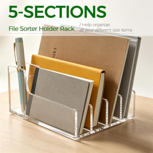 Acrylic Mail Organizer for Desk, 5 Compartments Letter Sorter with Pen Holder, Clear Desktop File Folder & Notebook Holder, Cute Office Supplies Organizer for Home Office School