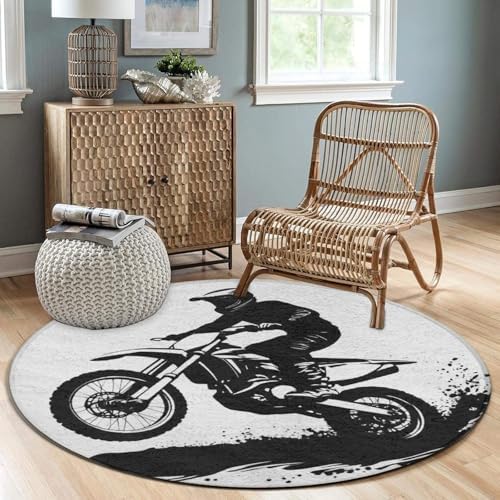 Women's Large Home Decor Mat, Soft Round Yoga Carpet, Non Slip Machine Washable Home Office Circle Rug Motocross Racer Extreme Sports Printed Dirt Bike