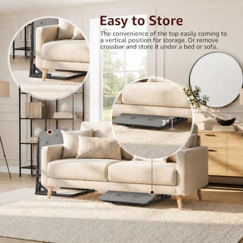 NUTIKAS Folding TV Tray Table - Adjustable Height Sofa Grey Wood Side Table, Wooden Portable Trays for Eating On Couch, Laptop Stand with Cup Holder, C Shaped Foldable Desk