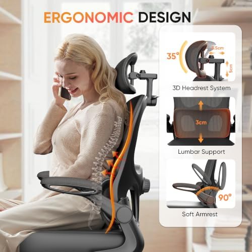 VUSIGN Ergonomic Office Chair, High Back Mesh Desk Chair with Adjustable 3D Headrest & Lumbar Support, Flip-Up Arms, 300lbs Wide Seat Swivel Rolling Computer Gaming Chair, for Home Office - Black