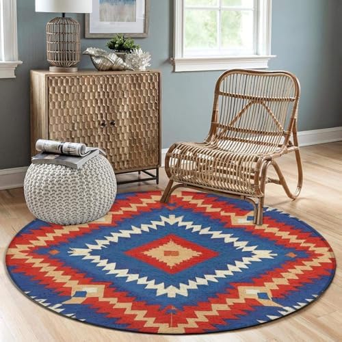 Soft Round Yoga Carpet, Large Home Decor Mat, Non Slip Machine Washable Kitchen Office Circle Rug Aztec Red Blue