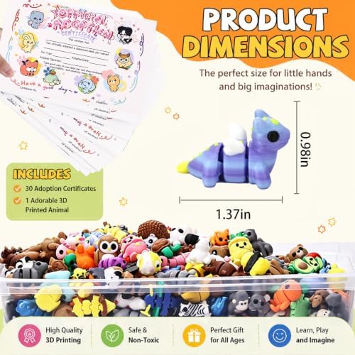 30 Pack Mystery 3D Printed Animal Figurines with 30 Adoption Cards, Articulated Mini Animal Desk Pets, Flexible Fidget Toys, Party Favors and Gifts, Classroom Reward, for Teacher